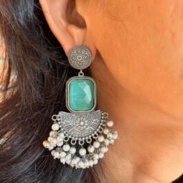 Maithreyi Teal Jhumka Earrings with Pearl Hangings