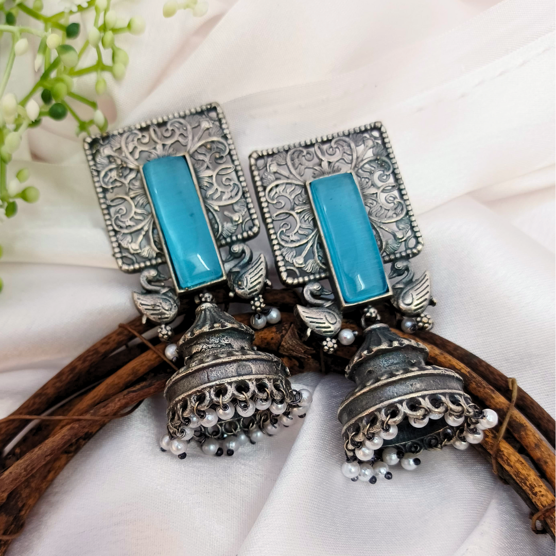 Mayuri Jhumkas: Blue Stone & Swan Charm - Image 2
