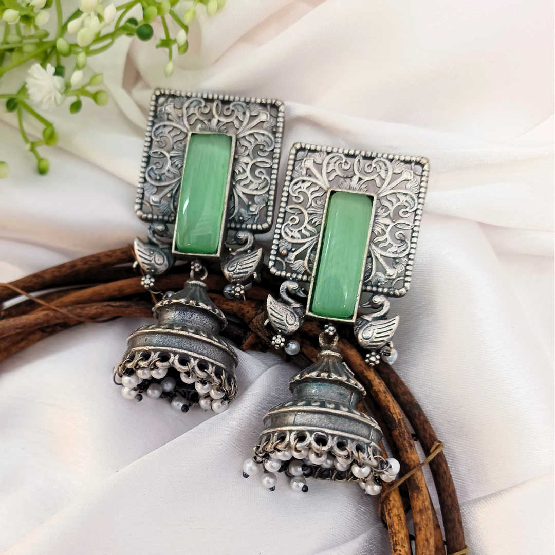 Mayuri Jhumkas: Green Stone & Swan Charm - Image 2