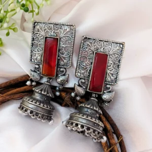 Mayuri Jhumkas: Red Stone & Swan Charm - Image 2