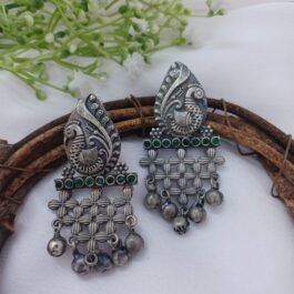 Noorie Silver Toned Oxidised Earrings with Navy Stones