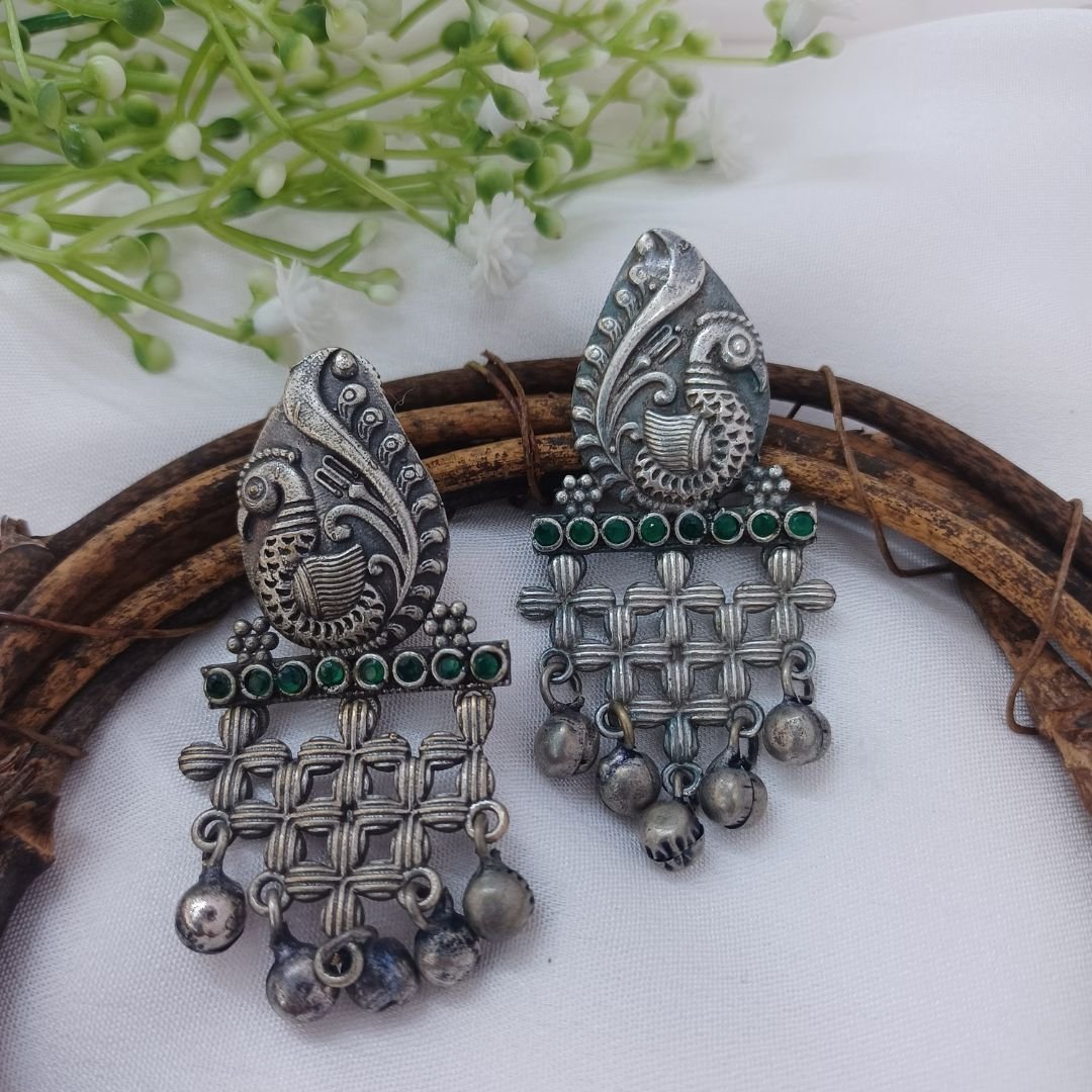 Noorie Silver Toned Oxidised Earrings with Navy Stones - Image 2