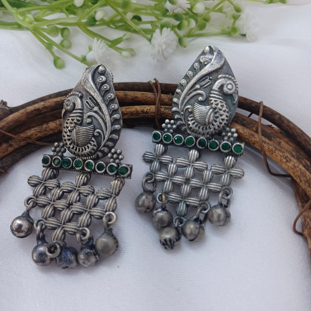 Noorie Silver Toned Oxidised Earrings with Emerald Stones - Image 2